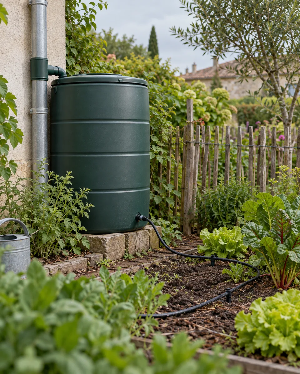 Cuve de récupération d’eau de pluie reliée à une descente de gouttière et à un tuyau d’arrosage dans un potager.